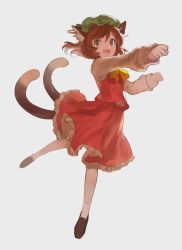 Rule 34 | 1girl, :d, animal ears, bow, bowtie, brown eyes, brown hair, cat ears, cat tail, chen, earrings, fang, frilled skirt, frills, hat, jewelry, long sleeves, matching hair/eyes, mob cap, multiple tails, nekomata, okakan, open mouth, red skirt, short hair, simple background, single earring, skirt, smile, solo, tail, touhou, two tails, yellow bow