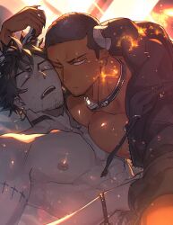 Rule 34 | 2boys, bara, character request, colored skin, creatures (company), dark-skinned male, dark skin, drooling, earrings, embers, facial hair, fire, game freak, goatee stubble, grey skin, highres, hoop earrings, jewelry, large pectorals, looking at viewer, lying, male focus, multiple boys, muscular, muscular male, nintendo, on back, one eye closed, pectoral docking, pectoral press, pectorals, personification, pokemon, ryudirection96, short hair, sideburns, sparse stubble, stitches, stubble, toned, toned male, upper body, yaoi