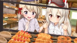 Rule 34 | 2girls, :d, against glass, ame., ayanami (azur lane), azur lane, baguette, beret, blue hat, blush, bow, bread, breasts, brick wall, brown bow, brown hat, collared shirt, commentary request, door, doughnut, dress shirt, dutch angle, food, hair between eyes, hair bow, hand on another&#039;s shoulder, hands up, hat, headgear, high ponytail, indoors, long hair, multiple girls, open mouth, parted lips, purple eyes, red bow, red eyes, shirt, short sleeves, side ponytail, silver hair, small breasts, smile, very long hair, white shirt, z23 (azur lane)