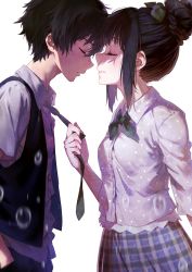 Rule 34 | 1boy, 1girl, black hair, blouse, braid, breasts, chinese commentary, chitanda eru, cici, closed eyes, closed mouth, collared shirt, commentary request, dress shirt, face-to-face, forehead-to-forehead, from side, hair bun, hair up, hand in pocket, heads together, hetero, highres, hyouka, imminent kiss, long hair, motion blur, neckerchief, necktie, necktie grab, neckwear grab, non-web source, oreki houtarou, photoshop (medium), plaid, plaid skirt, polka dot, polka dot shirt, profile, rain, shirt, short hair, short sleeves, sidelocks, single hair bun, skirt, small breasts, smile, source request, upper body, vest, water drop, white background, white shirt