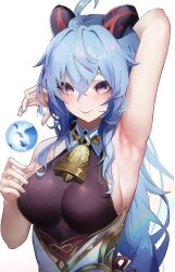 Rule 34 | 1girl, absurdres, ahoge, arm behind head, armpits, bare arms, bare shoulders, bell, black bodysuit, blue hair, bodystocking, bodysuit, bodysuit under clothes, breasts, closed mouth, collar, cowbell, crossed bangs, detached collar, floating, floating object, ganyu (genshin impact), genshin impact, goat horns, gold trim, gradient eyes, hair between eyes, hand up, highres, horns, large breasts, long hair, looking at viewer, megu (pixiv9460065), multicolored eyes, neck bell, no detached sleeves, orb, purple eyes, sideboob, sidelocks, simple background, smile, solo, sweat, upper body, very long hair, white background, white collar