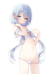 Rule 34 | 1girl, absurdres, bad id, bad pixiv id, bare shoulders, blue eyes, blue hair, blush, bra, collarbone, commentary request, frilled bra, frills, fusuma (ramunezake), groin, hair between eyes, hands up, highres, long hair, looking at viewer, low twintails, navel, original, panties, panty pull, parted lips, simple background, solo, standing, twintails, underwear, underwear only, very long hair, white background, white bra, white panties