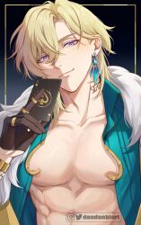 1boy abs absurdres aqua_shirt aventurine_(honkai:_star_rail) black_gloves blonde_hair card closed_mouth collared_shirt dandanbiart earrings fur_trim gloves hair_between_eyes highres holding holding_card honkai:_star_rail honkai_(series) jewelry looking_at_viewer male_focus muscular muscular_male nipples pink_eyes shirt short_hair simple_background solo