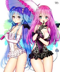 Rule 34 | 2girls, :o, artist name, bad id, bad pixiv id, bare shoulders, black gloves, black one-piece swimsuit, black wings, blue eyes, blue hair, blush, bow, breasts, cleavage, clothing cutout, cowboy shot, cross-laced clothes, demon girl, demon tail, demon wings, eyebrows, eyelashes, eyes visible through hair, finger to mouth, frilled swimsuit, frills, gambe, gloves, hair between eyes, hair bow, hair ornament, halterneck, holding, holding umbrella, lace, large breasts, long hair, looking at viewer, multiple girls, one-piece swimsuit, open mouth, original, parasol, parted lips, pink eyes, pink hair, pink ribbon, purple eyes, ribbon, ribbon-trimmed swimsuit, ribbon trim, shade, side cutout, signature, small breasts, smile, standing, strapless, swimsuit, tail, thigh gap, twintails, umbrella, very long hair, white gloves, white one-piece swimsuit, wings