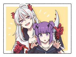 Rule 34 | 2girls, arknights, bead bracelet, beads, black gloves, black shirt, black wristband, bracelet, claw pose, colored skin, demon horns, dragon girl, dragon horns, dragon tail, ear piercing, fingerless gloves, gloves, horns, jacket, jewelry, lava (arknights), long hair, mabing, multicolored hair, multiple girls, necklace, nian (arknights), open clothes, open jacket, open mouth, piercing, pointy ears, ponytail, purple eyes, red hair, red shirt, red skin, shirt, short hair with long locks, short twintails, single glove, streaked hair, tail, tooth necklace, twintails, upper body, white hair, white jacket