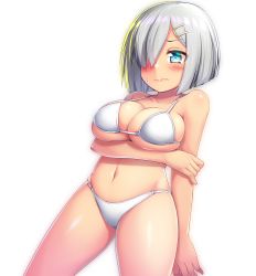 Rule 34 | 1girl, alternate costume, arm under breasts, bikini, blue eyes, blush, breasts, embarrassed, hair ornament, hair over one eye, hairclip, hamakaze (kancolle), highres, kantai collection, kurokoshou (emuburemu123), large breasts, navel, short hair, silver hair, simple background, solo, sweatdrop, swimsuit, white background, white bikini