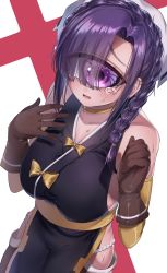 Rule 34 | 1girl, absurdres, azen (mntimcczgrtn), bare shoulders, blush, breasts, brown gloves, cyclops, gloves, head scarf, highres, large breasts, meme redon, monster girl, monster musume no oisha-san, one-eyed, open mouth, purple eyes, purple hair, sideless outfit, solo, tears
