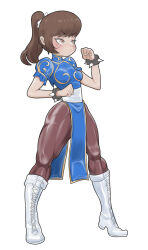 Rule 34 | 1girl, bracelet, breasts, brown eyes, brown hair, capcom, china dress, chinese clothes, chun-li, dress, fan qie ge zi tang, freckles, jewelry, lynn loud, pantyhose, pelvic curtain, ponytail, simple background, small breasts, smile, solo, spiked bracelet, spikes, street fighter, tagme, the loud house, thick thighs, thighs