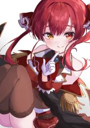 Rule 34 | 1girl, absurdres, bare shoulders, charlotte11037, gloves, heterochromia, highres, hololive, houshou marine, looking at viewer, red eyes, red hair, simple background, smile, solo, virtual youtuber, white gloves, yellow eyes