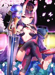 Rule 34 | 1girl, balancing, barefoot, blush, breasts, breasts apart, bug, butterfly, cherry blossoms, closed mouth, collarbone, crossed legs, cup, eyeshadow, fang, fang out, fate/grand order, fate (series), feet, fingernails, gendo0032, gendo0033, glowing, head tilt, horns, insect, japanese clothes, kimono, lantern, long fingernails, looking at viewer, makeup, medium breasts, obi, off shoulder, open clothes, open kimono, paper lantern, petals, purple eyes, purple hair, sakazuki, sash, sharp fingernails, short hair, shuten douji (fate), sitting, skin-covered horns, smile, soles, solo, sword, thick eyebrows, toe scrunch, toes, weapon