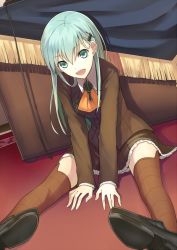 Rule 34 | 10s, 1girl, :d, aqua eyes, aqua hair, ascot, blazer, blush, breasts, brown thighhighs, desk, hair ornament, hairclip, jacket, kantai collection, kauto, long hair, looking at viewer, medium breasts, office, open mouth, personification, school uniform, sitting, skirt, smile, solo, suzuya (kancolle), thighhighs