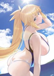 Rule 34 | 1girl, absurdres, ass, bare shoulders, blonde hair, blue eyes, blue sky, breasts, cleavage, fate/grand order, fate (series), high ponytail, highres, jeanne d&#039;arc (fate), jeanne d&#039;arc (swimsuit archer) (fate), jeanne d&#039;arc (swimsuit archer) (second ascension) (fate), kurozawa yui, large breasts, long hair, looking at viewer, one-piece swimsuit, sideboob, sky, solo, swimsuit, thighs, very long hair, white one-piece swimsuit