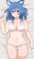 Rule 34 | 1girl, absurdres, blue eyes, blue hair, blush, bra, breasts, cleavage, closed mouth, commentary request, commission, daru (kumakumadon), fingernails, from above, hair between eyes, hair ornament, hair rings, hair stick, hand up, highres, kaku seiga, large breasts, looking at viewer, lying, on back, on bed, skeb commission, solo, touhou, underwear