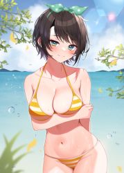 Rule 34 | 1girl, absurdres, aqua eyes, arm behind back, arm under breasts, bikini, black hair, blue sky, blurry, blush, bow, breasts, closed mouth, cloud, day, depth of field, falling leaves, groin, hair bow, highres, hololive, large breasts, leaf, lens flare, looking at viewer, navel, oozora subaru, oozora subaru (hololive summer 2019), outdoors, polka dot, polka dot bow, rei (rei 9146), short hair, skindentation, sky, solo, stomach, striped bikini, striped clothes, swimsuit, virtual youtuber, wet, yellow bikini