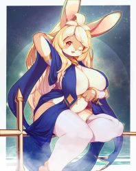 Rule 34 | 1girl, animal ears, areola slip, belly, blonde hair, breast curtains, breasts, cleavage, flower, furry, hair flower, hair ornament, highres, large breasts, long hair, one eye closed, open mouth, original, rabbit ears, rabbit girl, revealing clothes, smile, solo, staff, weapon, whooo-ya, wink