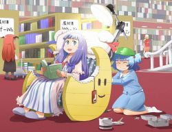 Rule 34 | 5girls, :d, blue hair, book, bookshelf, bow, carrying, chair, controller, crescent, closed eyes, famicom, female focus, flandre scarlet, game console, game controller, gamepad, hair bobbles, hair bow, hair ornament, hat, hat ribbon, head wings, hong meiling, kawashiro nitori, koakuma, lamp, library, long hair, long sleeves, maru take, multiple girls, no headwear, no headwear, open book, open mouth, paint can, paintbrush, patchouli knowledge, piggyback, purple eyes, reading, red hair, ribbon, shoes, unworn shoes, short hair, shoulder carry, sitting, slippers, smile, socks, toolbox, touhou, voile, wings