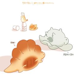 Rule 34 | closed eyes, commentary request, cup, dumpling, food, food-themed creature, furrysum, instagram logo, instagram username, korean commentary, korean text, lying, no humans, on back, open mouth, original, shadow, simple background, translation request, twitter logo, twitter username, white background
