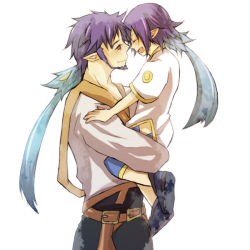 Rule 34 | 00s, 1boy, 1girl, age difference, beard, belt, blue hair, brown eyes, closed eyes, facial hair, father and daughter, hair bun, happy, hermes (tales of vesperia), judith (tales), long hair, looking at another, pointy ears, purple hair, shoes, simple background, single hair bun, smile, tales of (series), tales of vesperia, white background