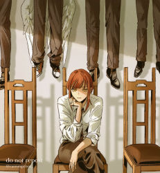 Rule 34 | 2boys, angel devil (chainsaw man), angel wings, black footwear, black necktie, carrotsprout, chainsaw man, chair, collared shirt, crossed legs, floating, hand rest, highres, looking at viewer, makima (chainsaw man), multiple boys, necktie, out of frame, red hair, ringed eyes, serious, shaded face, shadow, shirt, sidelocks, sitting, twitter username, white shirt, white wings, wings, yellow eyes