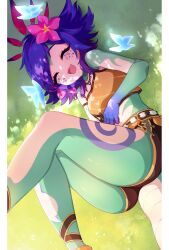 Rule 34 | 1girl, :d, ass, bare shoulders, blue hair, breasts, brown shorts, colored skin, dokumi, flower, green skin, hair flower, hair ornament, highres, league of legends, legs up, lizard tail, lying, medium breasts, medium hair, multicolored hair, multicolored skin, neeko (league of legends), on back, open mouth, pillarboxed, pink flower, purple hair, shorts, smile, solo, tail, teeth, upper teeth only