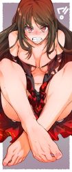 Rule 34 | 1girl, angry, barefoot, between legs, blush, breasts, brown hair, cleavage, clenched teeth, commentary request, yu mei-ren (fate), fate/grand order, fate (series), feet, hand between legs, highres, crossed legs, long hair, looking at viewer, navel, red eyes, sidelocks, solo, teeth, toes, torichamaru, translation request