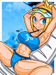 Rule 34 | abs, alternate costume, armpits, beach, bikini, blonde hair, blue eyes, breasts, capcom, final fight, final fight 3, groin tendon, large breasts, lucia morgan, lying, medium hair, mimizunooka, on back, smile, spread legs, street fighter, street fighter v, sunglasses, swimsuit, thick thighs, thighs, tinted eyewear, toned, visor cap