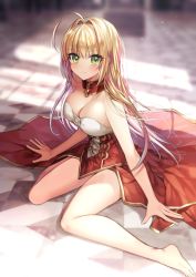 Rule 34 | 1girl, ahoge, bare arms, bare legs, bare shoulders, barefoot, blonde hair, blush, breasts, checkered floor, cleavage, closed mouth, detached collar, dress, fate/extra, fate/grand order, fate (series), gambe, green eyes, hair down, hair intakes, large breasts, long hair, looking at viewer, md5 mismatch, nero claudius (fate), nero claudius (fate) (all), nero claudius (fate/extra), on floor, red dress, resolution mismatch, sidelocks, sitting, smile, solo, source larger, strapless, strapless dress, thighs, wariza, window shadow