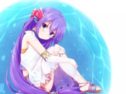 Rule 34 | 1girl, armlet, bubble, dress, from side, grimms notes, highres, knees to chest, long hair, natsu (927013), purple eyes, purple hair, sandals, sitting, smile, solo, the little mermaid, the little mermaid (andersen), water, white dress