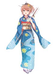 Rule 34 | 1girl, :d, absurdres, alternate costume, arrow (projectile), blue eyes, blue kimono, brown hair, commentary request, flower, full body, hair flower, hair ornament, hamaya, highres, holding, holding arrow, japanese clothes, kantai collection, kimono, kumano (kancolle), long hair, looking at viewer, natuya sai., open mouth, ponytail, simple background, smile, solo, white background