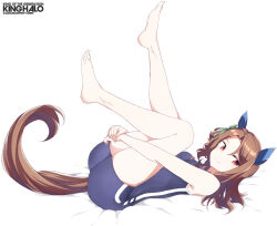 Rule 34 | 1girl, animal ears, barefoot, blue one-piece swimsuit, bow, brown hair, character name, commentary, competition school swimsuit, ear covers, feet, full body, hair bow, horse ears, horse girl, horse tail, hugging own legs, king halo (umamusume), long hair, lying, on back, one-piece swimsuit, red eyes, school swimsuit, shigino sohuzi, simple background, solo, swimsuit, tail, toes, tracen swimsuit, umamusume, white background
