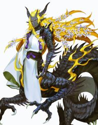 Rule 34 | 1boy, black skin, blonde hair, bow, claws, colored skin, dragon, dragon boy, dragon horns, eastern dragon, full body, hair bow, highres, horns, long hair, long sleeves, looking at viewer, male focus, monster boy, multiple horns, original, pointy ears, scales, single sleeve, solo, spines, taur, very long hair, white background, wide sleeves, yellow eyes, yuzu shio