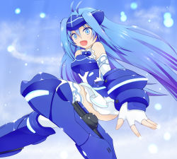 Rule 34 | 1girl, armor, blue eyes, blue hair, breastplate, detached sleeves, fingerless gloves, gauntlets, gloves, greaves, headgear, long hair, matching hair/eyes, open mouth, shiraso (silaso), solo, thighhighs, very long hair, vividblue, vividred operation, white thighhighs
