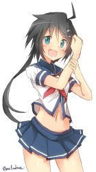 Rule 34 | 10s, 1girl, :d, absurdres, ahoge, aqua eyes, black hair, blue skirt, blush, clenched hand, cowboy shot, crop top, crop top overhang, fang, hair ornament, hairclip, highres, kako (kancolle), kantai collection, looking at viewer, metindone, midriff, navel, neckerchief, open mouth, pleated skirt, ponytail, sailor collar, school uniform, shiny skin, simple background, skirt, smile, solo, twitter username, white background