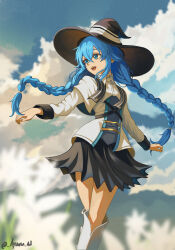 Rule 34 | 1girl, :d, absurdres, ayumu ad, black skirt, blue eyes, blue hair, blue sky, boots, braid, cloud, commentary, hat, highres, long hair, long sleeves, mushoku tensei, open mouth, outdoors, roxy migurdia, shirt, skirt, sky, smile, solo, twin braids, white shirt, witch hat
