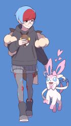 Rule 34 | 1girl, backpack, bag, blue background, blue hair, boots, brown bag, cellphone, closed mouth, commentary request, creatures (company), eevee, game freak, gen 1 pokemon, gen 4 pokemon, gen 6 pokemon, glasses, grey eyes, heart, highres, hinoyama kou, holding, holding phone, hood, hoodie, long sleeves, looking down, multicolored hair, nintendo, pantyhose, penny (pokemon), phone, pokemon, pokemon (creature), pokemon sv, rotom, rotom phone, round eyewear, see-through, see-through skirt, short hair, shorts, shorts under skirt, skirt, standing, sylveon, two-tone hair
