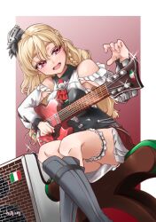 Rule 34 | 1girl, amplifier, ascot, bare shoulders, blonde hair, bodice, braid, breasts, bridal garter, brown eyes, chair, commentary request, corset, crossed legs, electric guitar, feet out of frame, french braid, glint, guitar, hat, instrument, italian flag, kantai collection, long hair, medium breasts, mini hat, miniskirt, red ascot, red skirt, shirt, side braid, sitting, skirt, solo, tilted headwear, udukikosuke, wavy hair, white shirt, zara (kancolle), zara due (kancolle)