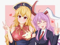 Rule 34 | 2girls, animal ears, bare shoulders, belt, black belt, black headwear, black jacket, blonde hair, blush, border, breasts, buttons, china dress, chinese clothes, closed eyes, closed mouth, collar, collared shirt, crescent, detached sleeves, dress, hair between eyes, hand up, hat, heart, highres, jacket, junko (touhou), large breasts, long hair, long sleeves, looking at viewer, medium breasts, multiple girls, necktie, open mouth, phoenix crown, pink background, purple hair, rabbit ears, red dress, red eyes, red neckwear, reisen udongein inaba, shirt, simple background, smile, tabard, tasuku (tusktouhou4), touhou, upper body, v, white border, white shirt, wide sleeves