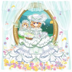 Rule 34 | 2girls, absurdres, alternate costume, basket, blonde hair, blue eyes, bow, closed mouth, commentary, curtains, dress, english commentary, flower, frilled dress, frills, full body, game cg, highres, holding, holding basket, holding flower, lily of the valley, looking at viewer, medicine melancholy, medicine melancholy (white lily of the nameless hill), multiple girls, off-shoulder dress, off shoulder, pink flower, purple flower, rotte (1109), second-party source, smile, su-san, touhou, touhou lostword, wedding dress, white bow, white dress, white flower, white headwear, yellow flower