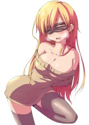 Rule 34 | 1girl, arms behind back, bare shoulders, bdsm, black thighhighs, blindfold, blonde hair, blush, breasts, cleavage, collarbone, heavy breathing, highres, kuromu (underporno), large breasts, long hair, off-shoulder, off-shoulder sweater, off shoulder, open mouth, original, simple background, solo, sweater, thighhighs, white background
