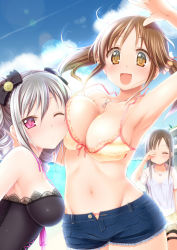 Rule 34 | 10s, 3girls, :d, arm up, armpits, beach, bikini, blush, breast pillow, breast press, breasts, brown eyes, brown hair, cleavage, cloud, day, drill hair, closed eyes, groin, heart, highres, idolmaster, idolmaster cinderella girls, imachi (staccato squirrel), jewelry, kanzaki ranko, large breasts, lens flare, long hair, looking at viewer, mizumoto yukari, multiple girls, navel, necklace, one eye closed, open mouth, pink eyes, shirt, short shorts, shorts, silver hair, sky, smile, strap gap, swimsuit, t-shirt, totoki airi, twin drills, twintails, wink