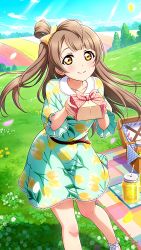 Rule 34 | 1girl, artist name, artist request, bare legs, belt, blue sky, blush, bow, brown belt, brown eyes, brown hair, cloud, collarbone, female focus, flower print, green shirt, grey hair, hair bow, highres, light brown hair, long hair, love live!, love live! school idol festival, love live! school idol project, minami kotori, outdoors, parted lips, ponytail, puffy short sleeves, puffy sleeves, shirt, short sleeves, side ponytail, sky, smile, solo, spring (season), yellow bow