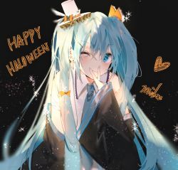 Rule 34 | 1girl, aqua eyes, aqua hair, bare shoulders, black background, blue necktie, blush, bow, character name, closed mouth, collared shirt, detached sleeves, ear piercing, earrings, fang, fingernails, frills, hair between eyes, hair ornament, hairclip, halloween, happy halloween, hat, hatsune miku, heart, iftuoma, jewelry, lace, long hair, mini hat, necktie, one eye closed, orange bow, piercing, shirt, simple background, smile, solo, sparkle, stud earrings, twintails, upper body, very long hair, vocaloid, white hat, white shirt, wide sleeves