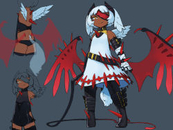 Rule 34 | 1girl, character sheet, demon girl, dress, eyepatch, flat color, from behind, horns, kamukamu6392, original, weapon, whip, wings