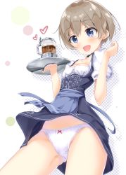 Rule 34 | 10s, 1girl, :d, alcohol, alternate costume, apron, bad anatomy, beer, beer mug, blue apron, blue eyes, blush, bow, bow panties, breasts, brown hair, buttons, cleavage, clenched hand, cowboy shot, cross, cup, dirndl, dress, drink, foam, fukuda shuushi, german clothes, grey hair, halftone, happy, heart, highres, holding, iron cross, kantai collection, mug, open mouth, panties, pantyshot, puffy sleeves, shadow, short sleeves, small breasts, smile, solo, tray, underbust, underwear, waist apron, white background, z1 leberecht maass (kancolle)