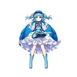 Rule 34 | 1girl, alternate costume, blue eyes, blue hair, blue hat, closed mouth, dress, flat cap, frilled dress, frills, full body, hair bobbles, hair ornament, hat, highres, kawashiro nitori, kawashiro nitori (pseudo-shikigami: myoudouki giken), looking at viewer, rotte (1109), short hair, simple background, solo, tabard, third-party source, touhou, touhou lostword, two side up, white background, white dress