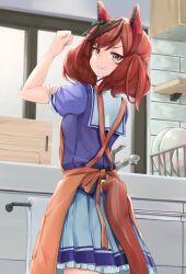 Rule 34 | 1girl, absurdres, animal ears, apron, blush, bow, clenched hand, closed mouth, clothing cutout, commentary request, cowboy shot, ear bow, ear covers, from behind, green bow, grey eyes, highres, horse ears, horse girl, horse tail, kitchen, looking at viewer, looking back, medium hair, miyama mizuki (hoshihoshi1220), multicolored hair, nice nature (umamusume), petticoat, puffy short sleeves, puffy sleeves, purple shirt, red apron, red hair, sailor collar, school uniform, shirt, short sleeves, smile, smug, solo, standing, streaked hair, summer uniform, tail, tail through clothes, tracen school uniform, umamusume, window