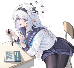 Rule 34 | 1girl, absurdres, alternate costume, black hairband, black pantyhose, blue archive, blue sailor collar, blue skirt, book, chair, commentary request, desk, earclip, hairband, halo, highres, himari (blue archive), holding, holding pen, long hair, long sleeves, mole, mole under eye, on chair, open mouth, pantyhose, pen, pleated skirt, pointy ears, purple eyes, sailor collar, school chair, school desk, school uniform, serafuku, shirt, shortofsugar, simple background, sitting, skirt, solo, white background, white hair, white halo, white shirt