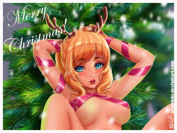 Rule 34 | 1girl, alternate costume, antlers, arms up, artoria pendragon (all), artoria pendragon (fate), blonde hair, blue eyes, blurry, blush, breasts, christmas, christmas tree, eyebrows, fate/stay night, fate (series), glowing, hair ribbon, horns, merry christmas, naked ribbon, parted lips, pink ribbon, prywinko, red lips, reindeer antlers, ribbon, saber (fate), solo, teeth, watermark, web address