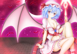 Rule 34 | 1girl, aged up, bat (animal), bat wings, blue hair, breasts, brooch, cleavage, female focus, gradient background, hat, hat ribbon, jewelry, large breasts, looking at viewer, midriff, mob cap, navel, pink eyes, remilia scarlet, ribbon, shirt, sitting, skirt, skirt set, solo, spear the gungnir, sturm (arowana kingyo), thigh strap, touhou, wings, wrist cuffs