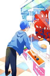 Rule 34 | 1boy, arcade, blue hair, character doll, crane game, hood, hoodie, kiritani, kiritani (kiritani1210), koron (niconico), leaning forward, male focus, marvel, niconico, solo, spider-man, spider-man (series), standing, strawberry prince, stuffed animal, stuffed penguin, stuffed toy, toy, utaite